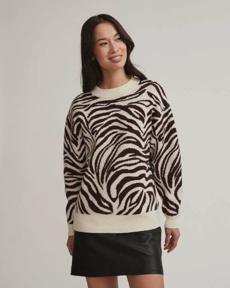 Textured Zebra Print Crew-Neck Pullover Sweater