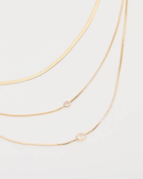 Triple Snake Chain Short Necklace with Glass Stones