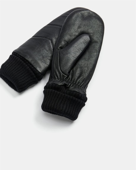 Leather Mittens with Chevron Detail and Knit Cuff