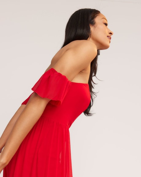 Off-the-Shoulder Crinkle Chiffon Gown with Shirring