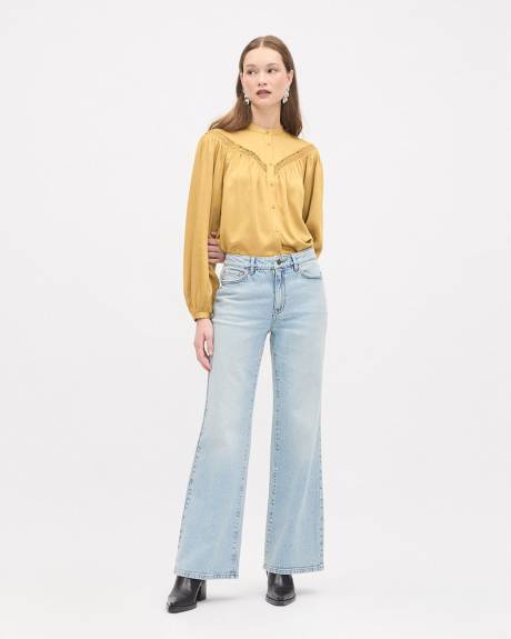 Long-Puffy-Sleeve Buttoned-Down Blouse with Eyelet Pattern