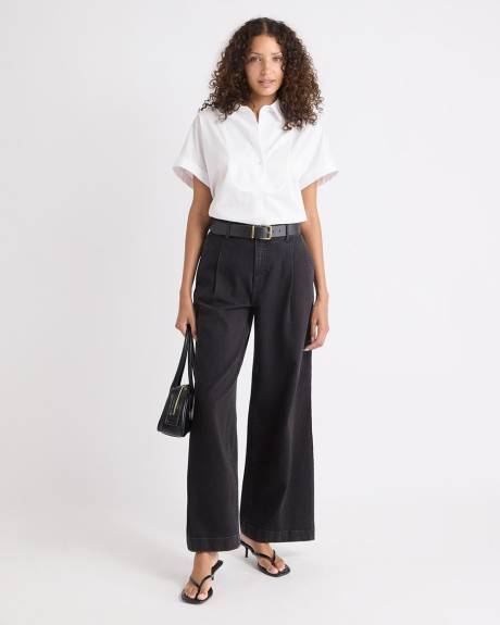 Blouse Blanche en Popeline à Manches Très Courtes et Col Chemisier