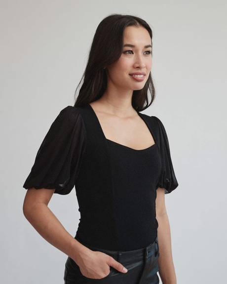 Sweetheart Neckline Mix Media T-Shirt with Knit Crepe Puffy Sleeves