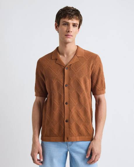 Pull à Motif à Losanges à Boutonner à Manches Courtes et Col Camp