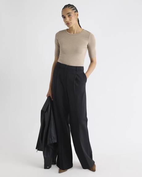 T-Shirt Ajusté à Manches aux Coudes et Col Rond