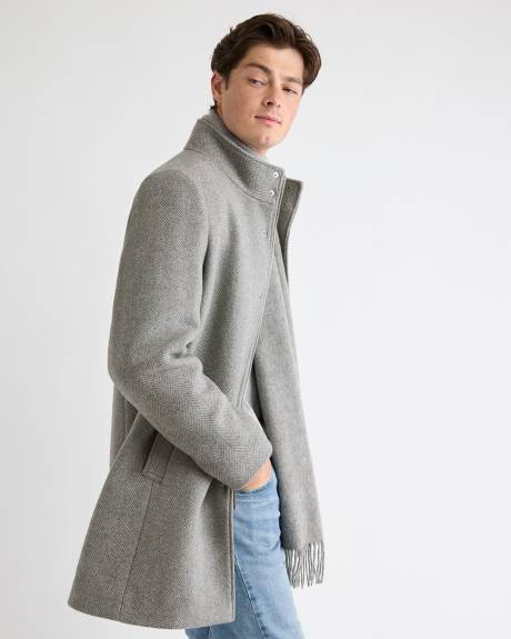 Classic Mock-Neck Herringbone Wool Coat with Dickey