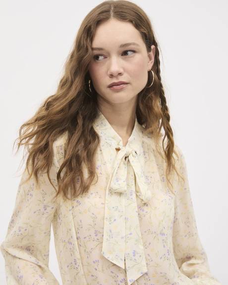 Long-Sleeve Mock-Neck Blouse with Ribbon at Neckline