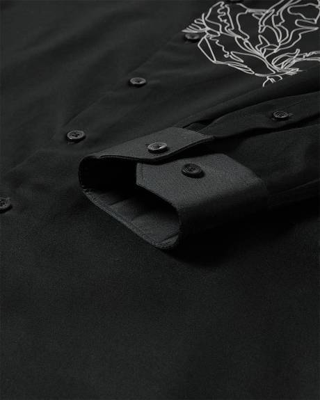 Chemise Habill&eacute;e Noire &agrave; Coupe &Eacute;troite avec Motif Floral Blanc