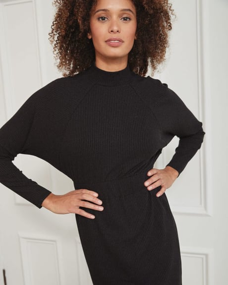 Rib Fitted Mock-Neck Long Sleeve Dress