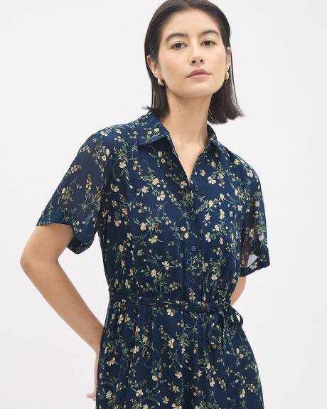 Short-Sleeve Buttoned-Down Chiffon Dress with Shirt Collar