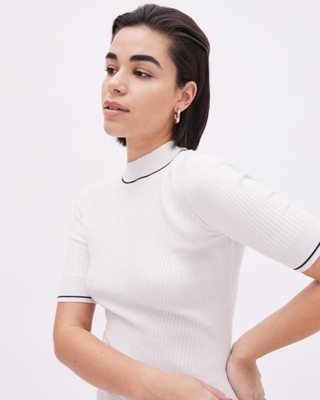 Ribbed Mock-Neck Sweater with Elbow Sleeves