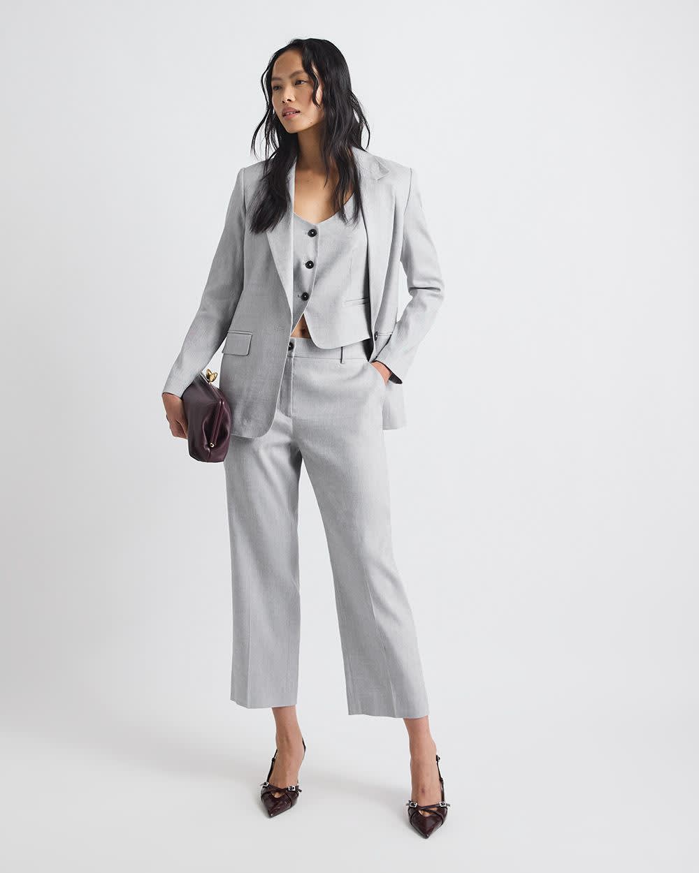 Straight-Leg Mid-Rise Grey-Linen Ankle Pant