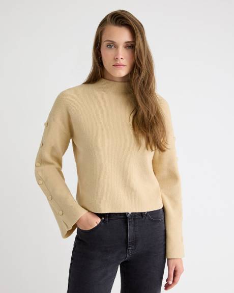 Mock-Neck Sweater with Buttons on Sleeves