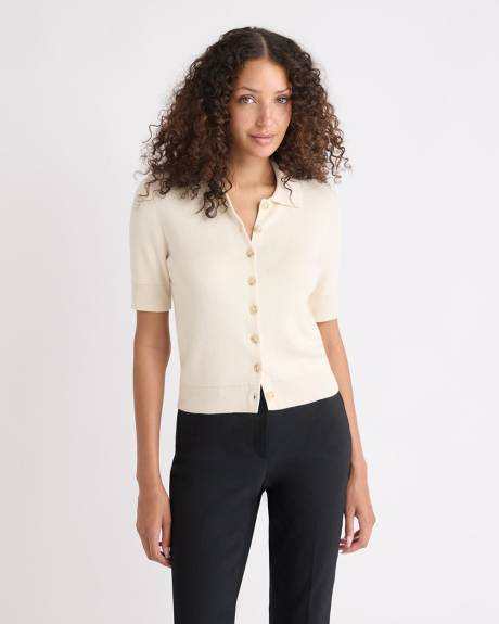 Short Elbow-Sleeve Cardigan with Shirt Collar