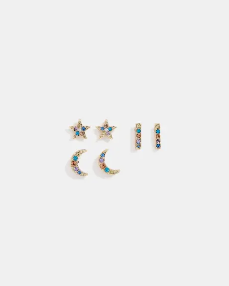 Colourful Rhinestone Stud Earrings - 3 Pairs