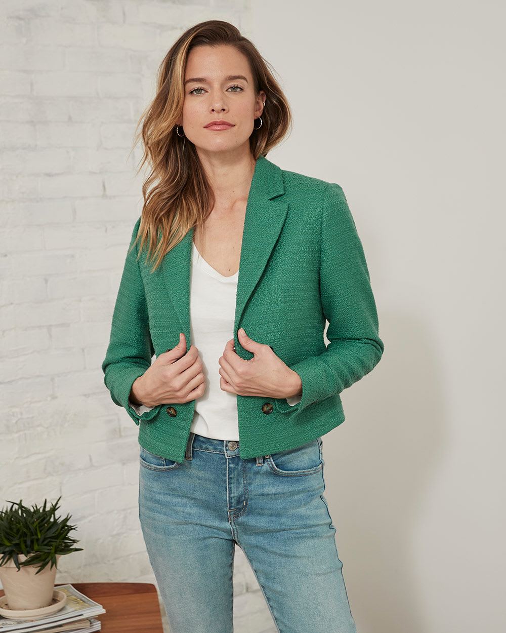 Bouclé Knit Faux Double-Breasted Cropped Blazer