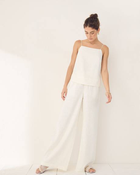 Pantalon en Lin &agrave; Taille Mi-Haute et Jambe Large