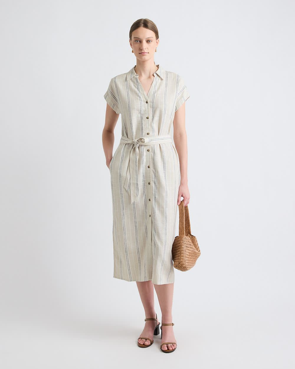 Striped Short-Sleeve Linen-Blend Midi Dress with Shirt Collar