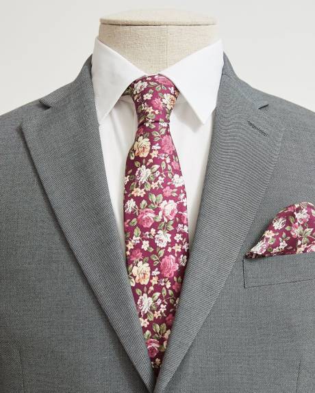Floral Burgundy Tie and Handkerchief - Gift Set