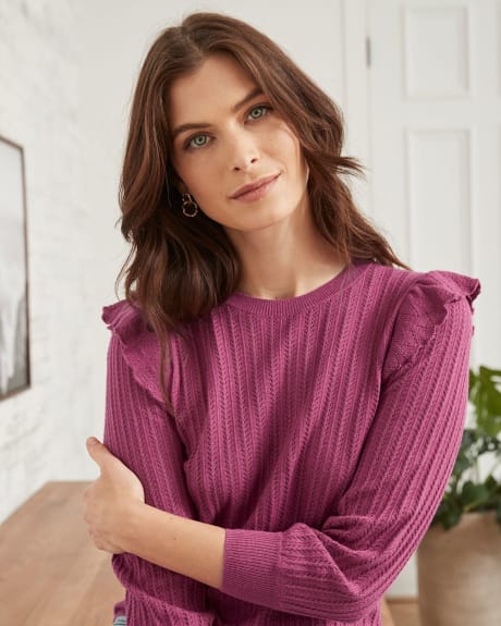 All-Over Pointelle Stitch Sweater with Ruffled Shoulders
