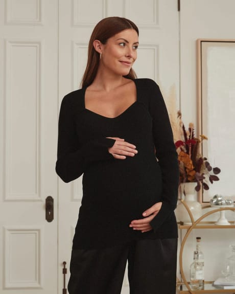 Sweetheart Neckline Ribbed Sweater - Thyme Maternity