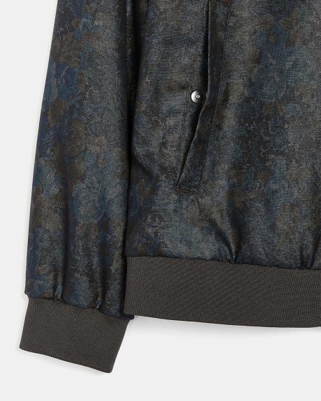 Navy Jacquard Bomber Jacket with Floral Pattern