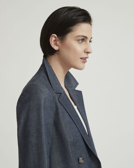 Chambray Double-Breasted Long Blazer