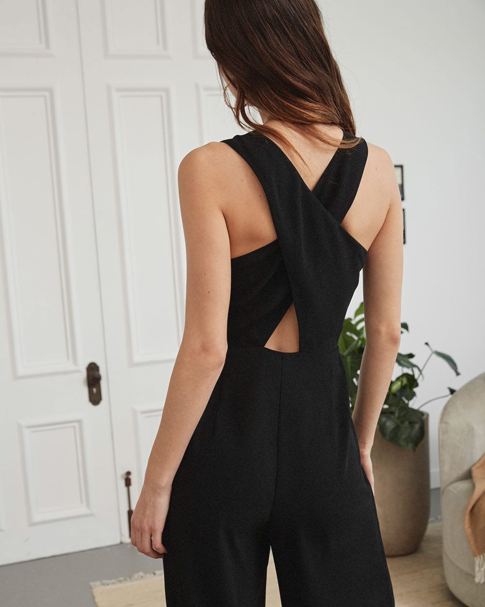 Sleeveless Satin Crepe Jumpsuit with Crossover Back | RW&CO.