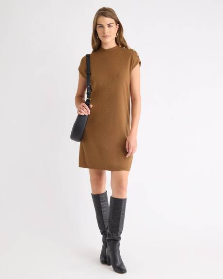Extended-Sleeve Mock-Neck Mini-Dress with Buttons on Shoulder