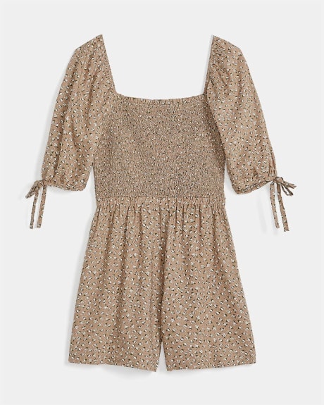 Linen Blend Square-Neck Smocked Romper with Puffy Sleeves
