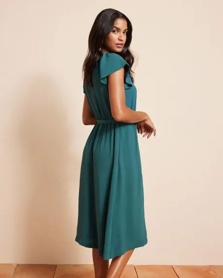 Extended-Sleeve Fluid Fit and Flare Midi Dress with Crew Neckline