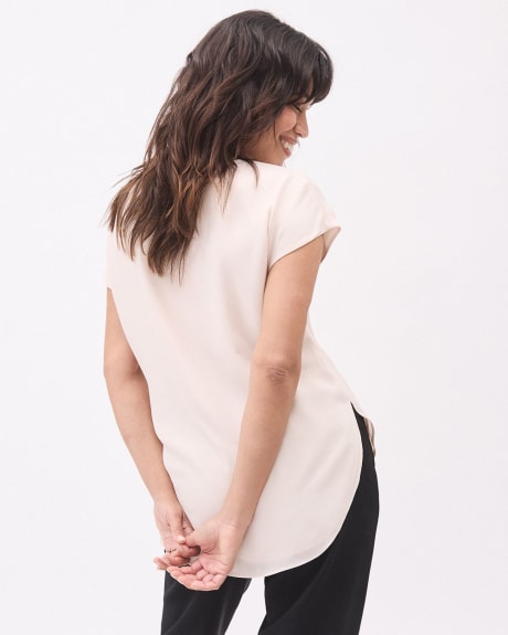 Solid Short-Sleeve Crew-Neck Silky Crepe Blouse
