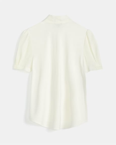 T-Shirt Bimatière Blanc à Manches Courtes et Noeud au Cou