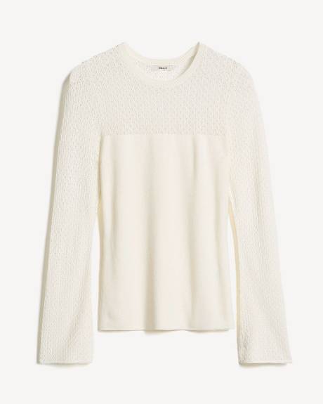 Pull à Manches Longues et Col Rond avec Empiècement en Mailles de Fantaisie