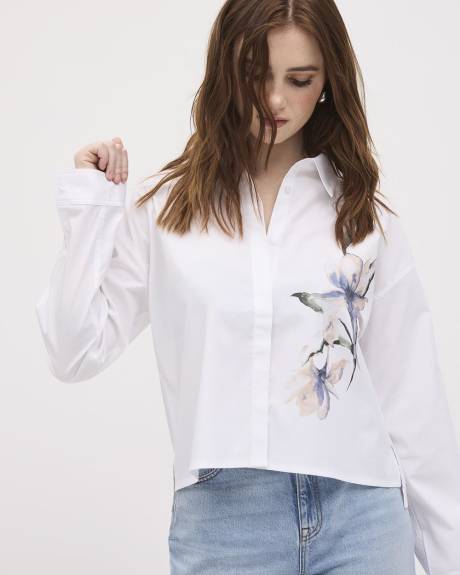Long-Sleeve Buttoned-Down Poplin Blouse with Floral Print