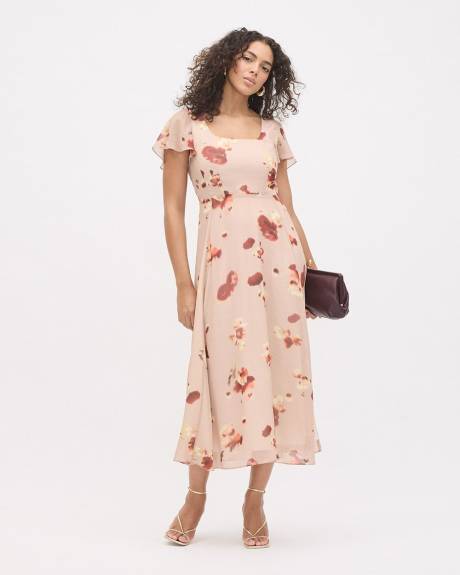 Short-Sleeve Midi Cocktail Dress with Square Neckline