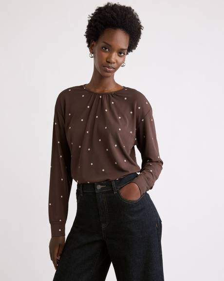 Long-Sleeve Top with Shirred Crew Neckline
