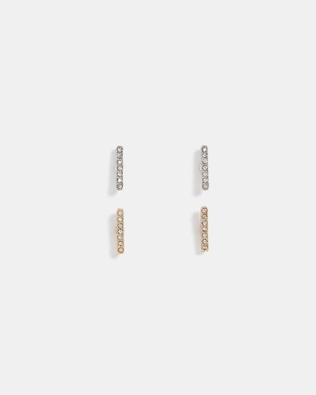 Bar Stud Earrings with Rhinestones - 2 Pairs
