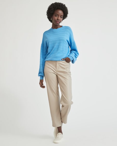 Pointelle Puffy Sleeve Crew-Neck Pullover Sweater