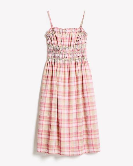 Sleeveless Fit-and-Flare Midi Dress with Smocked Top