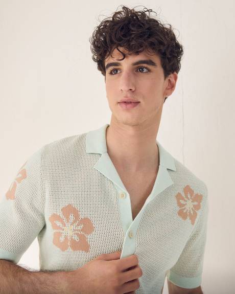 Short-Sleeve Floral Sweater with Camp Collar