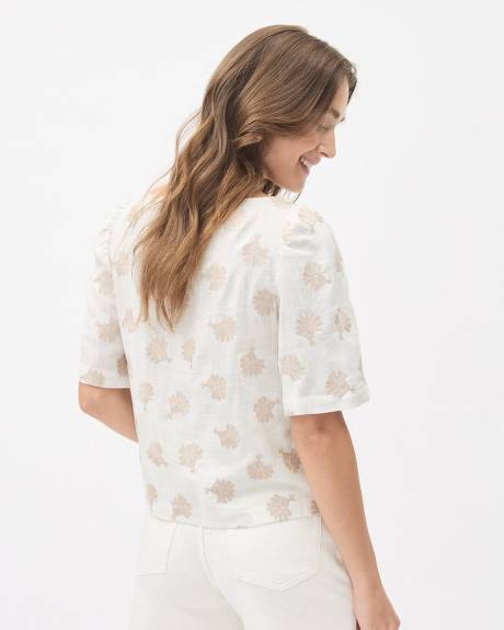 Short-Sleeve Popover Linen Blouse with Floral Pattern