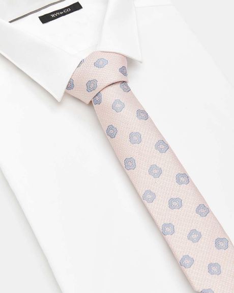 Skinny Pink Silk Tie with Blue Geo Pattern