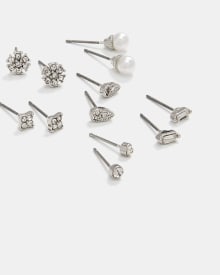 Silver Studs Earrings - 6 Pairs