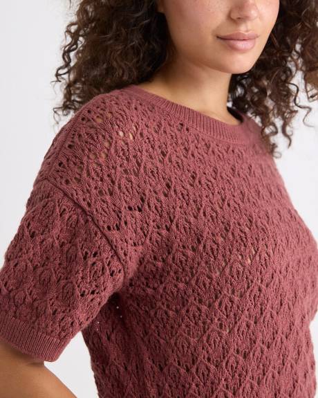 Pull à Col Rond et Manches Courtes en Mailles de Fantaisie