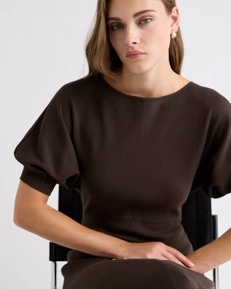 Robe Midi en Tricot à Manches aux Coudes et Col Bateau