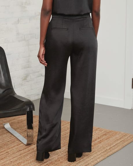 Pantalon Plisé à Jambe Large et Taille Haute en Satin Mat
