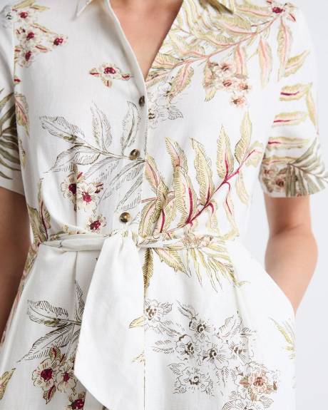 Robe en M&eacute;lange de Lin &agrave; Manches Courtes et Col Chemisier