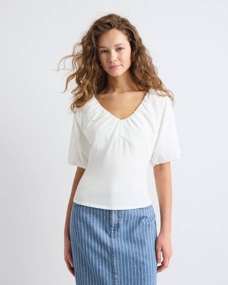 Haut &agrave; Col V et Manches Courtes Bouffantes