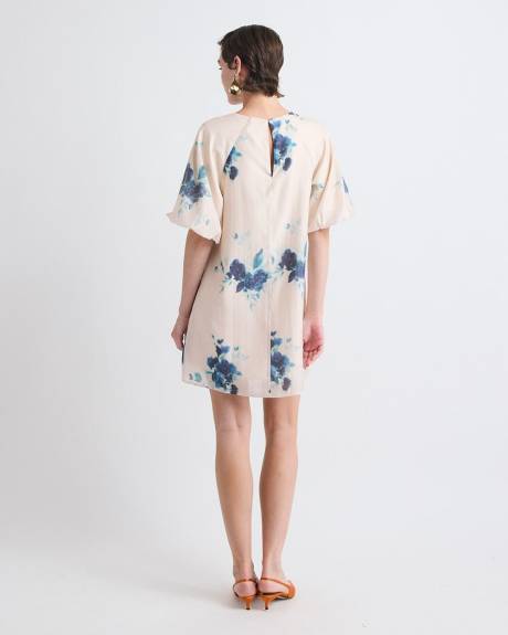 Robe Cocktail Mini &agrave; Manches Courtes Bouffantes et Col Rond